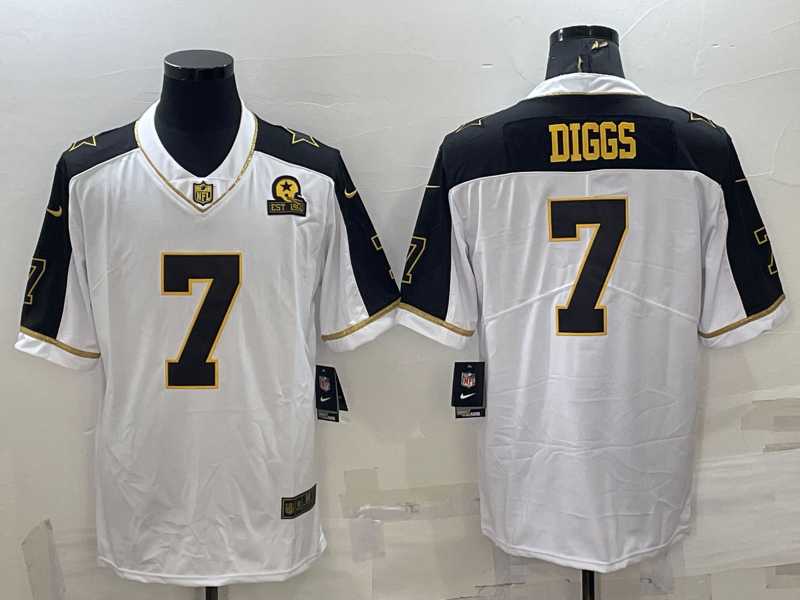 Mens Dallas Cowboys #7 Trevon Diggs White Gold Edition With 1960 Patch Limited Stitched Football Jersey